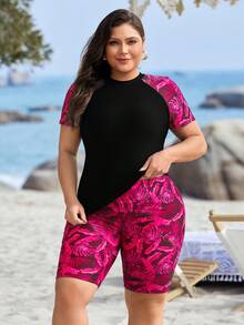 Swim Lushoire Plus Size Women Tropical Plant Print Patchwork Sleeveless Casual Tankini Swimsuit Set - Hot Pink - View 1