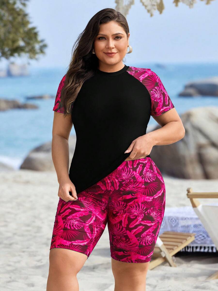 Swim Lushoire Plus Size Women Tropical Plant Print Patchwork Sleeveless Casual Tankini Swimsuit Set - Hot Pink - View 1