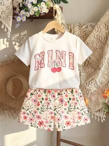 2件套，适合4-7岁女童，花朵樱花字母印花圆领短袖T恤+樱花短裤，轻薄面料，可爱花朵短袖短裤套装，休闲夏季装扮 - 彩色 - 查看 4