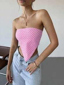 SHEIN EZwear Women's Pink Striped Scarf & Tube Top, Spring/Summer - Pink - View 4