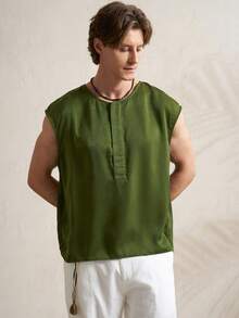Airaco Men's V-Neck Satin Sleeveless Casual Shirt - Dark Green - View 5
