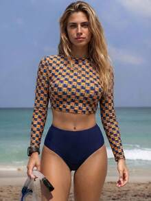 Swim SPRTY Women's Rash Guard 2 Pieces Swimsuit, Long Sleeve Swimwear, High Waist Pants Bikini, Fashionable Plaid Print Sports Swimsuit - Multicolor - View 3