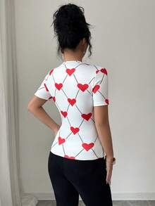 Elenzga Áo thun ngắn tay ôm dáng in hình trái tim dành cho nữ, kiểu dáng thường ngày, thích hợp cho mùa hè. - trắng - Xem 2