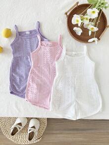 SHEIN Bộ 3 món đồ liền thân không tay và quần short cho bé gái mùa hè, kiểu dáng tối giản, in hình bướm, màu tím trơn, có gân và nơ đen. - Nhiều màu - Xem 7