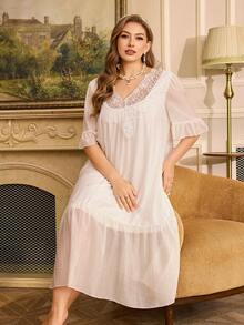 Plus Size Loose Fit Long Lace Patchwork Short Sleeve Palace Style Nightgown, Summer - White - View 1