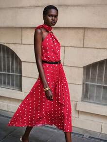 Lumivelle Women's Polka Dot Pleated Front Button Decor Summer Dress Red Polka Dot Dress Pleated Dress - Red - View 4