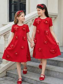 SHEIN Tween Girl Elegant Red Floral Summer Party Dress, Fashionable Round Neck Short Sleeve Red Dress With Flowers For Tween Girl, Party Wear Dress - Burgundy - View 8