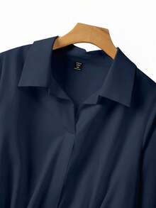 GlowEve CURVE Navy Blue Plus Size Casual Collared Shirt, Regular Long Sleeve Blouse With Asymmetrical Hem And Ruched Front Ruched Front Knot Detail And Ruched Hem - Navy Blue - View 8