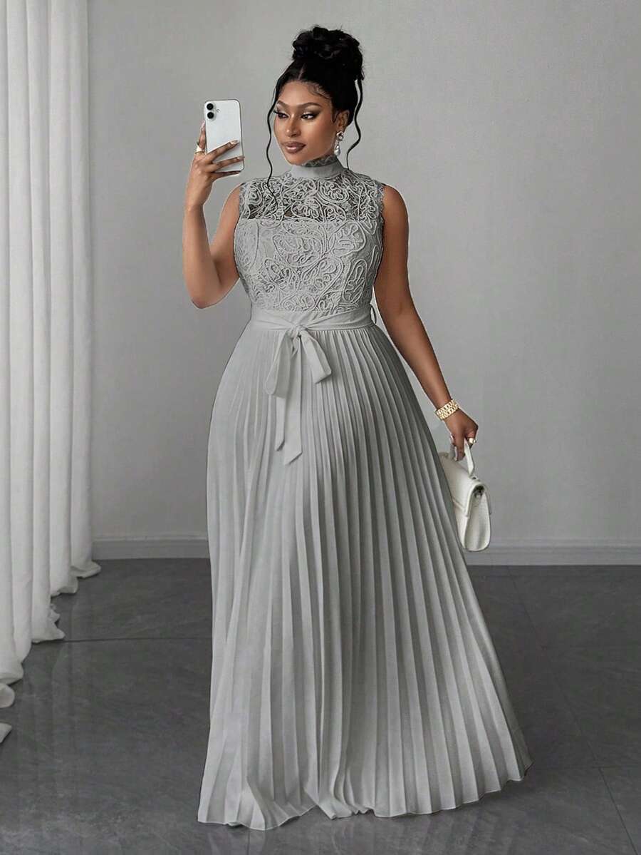 Maweii Đầm ren xếp ly eo thanh lịch không tay cổ tàu dành cho nữ cỡ lớn - Màu Xám nhạt - Xem 1