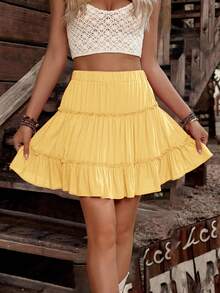 Breezaya 女士纯色弹力腰荷叶边休闲半身裙 - 鵝黃色 - 查看 5