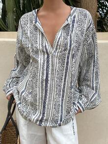 Livesso Áo sơ mi dài tay cổ chữ V kẻ sọc phối màu, họa tiết hình học phong cách Bohemian, dáng rộng, thoải mái, thích hợp cho kỳ nghỉ biển, mùa xuân/hè dành cho nữ. - Màu be - Xem 4