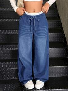 SHEIN Teenager Mädchen Y2K Herbst Blaue & Weiße Lässige Gestreifte Weite Bein Jeans Hose, Mit Kontrastierendem Bund Und 2-in-1 Design - Mittele Waschung - Übersicht 6