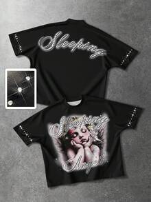 ROMWE MEN 男士圆领天使字母印花水钻休闲日常短袖T恤 - 黑色 - 查看 1