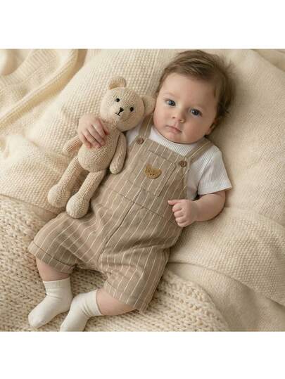 Loomiva 2pcs Baby Boy Solid Color Crew Neck Pullover Top And Bib Overalls Pants Set