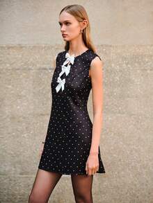 Lumivelle Valentine's Day Women's Summer Fashion Polka Dot Print Bow Front Mini Dress  Summer Dress Black Dress  Dress For Wedding Guest Elegant Dresses For Party Preppy Dress Black Polka Dot Dress Black Bow Dress Black And White Polkadot Dress - Multicolor - View 7