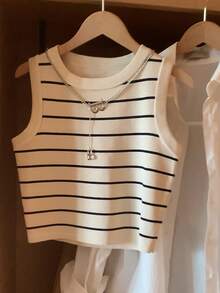 Resyla Áo tank top nữ cỡ lớn kẻ sọc trắng cổ tròn, kiểu dáng thường ngày, đa năng - Nhiều màu - Xem 4