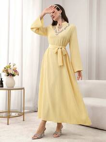 Yasmyna Elegant Women's Dress With Embroidered Beads, Rhinestones And Waist Tie, Long Sleeve, Fashionable And Graceful - Yellow - View 8