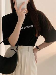 DAZY 女士宽松常规字母印花 T 恤夏季 - 黑色 - 查看 3