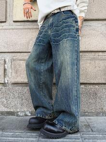 Manfinity EMRG Quần jeans ống rộng dáng suông, phong cách thường ngày, thích hợp cho nam giới, phù hợp với đường phố và đi làm. - Rửa tối - Xem 4