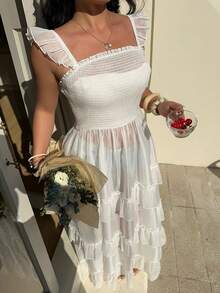 Sunnyshic Plus Size White Sheer Chiffon Beach Vacation Lightweight Long Dress With Flutter Sleeves, Summer Long Vacation Dress Tiered Dress Long Dress Summer Organza Dress Transparent Dress - White - View 4