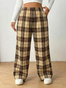 SHEIN EZwear 加大码女式黑白格子弹力腰带口袋阔腿休闲宽松裤，卡其色 - 卡其色 - 查看 6