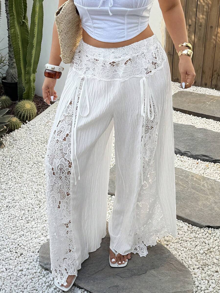 Sunnyshic 大码女式蕾丝拼接系带设计时尚百搭日常阔腿裤 - 杏色 - 查看 1