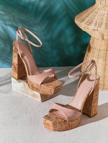 SHUZIA Women's Ankle Strap Square Toe Chunky Block Heel Platform Sandals - Beige - View 5