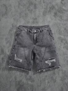 Manfinity ZONE917 Men's Plain Frayed Edge Pocket Ripped Fashionable Denim Shorts Ripped Denim Shorts Men - Light Grey - View 1