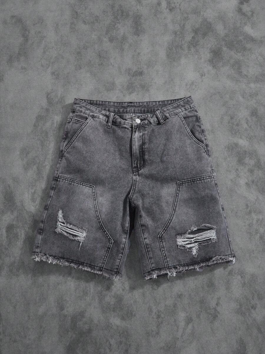 Manfinity ZONE917 Men's Plain Frayed Edge Pocket Ripped Fashionable Denim Shorts Ripped Denim Shorts Men - Light Grey - View 1