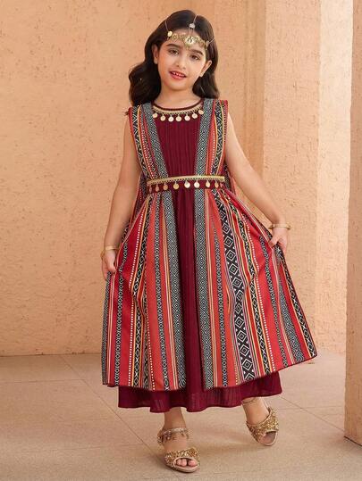 SHEIN Absolutely Gorgeous Middle Eastern Style Young GirlTraditional Outfit, Inspired By Features, Featuring Intricate Printed Capes With Sequin Decor And Full-Length Elegant Design - Creating A Little Regional Princess Look! Ramadan Abaya Jalabiya Traditional Arab Clothing