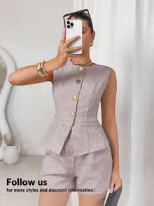 Lavishia 女士优雅无袖圆领装饰纽扣上衣和短裤两件套 - 粉色 - 查看 6