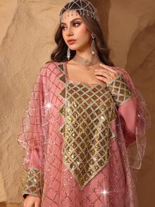 Layrah Elegant Spring/Summer Square Neck Sequin Embroidered Dress For Evening Party - Pink - View 9