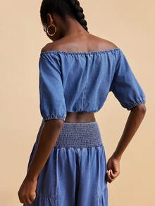 Travachic Women's Off Shoulder Short Sleeve Cropped Denim Top - Medium Wash - View 3