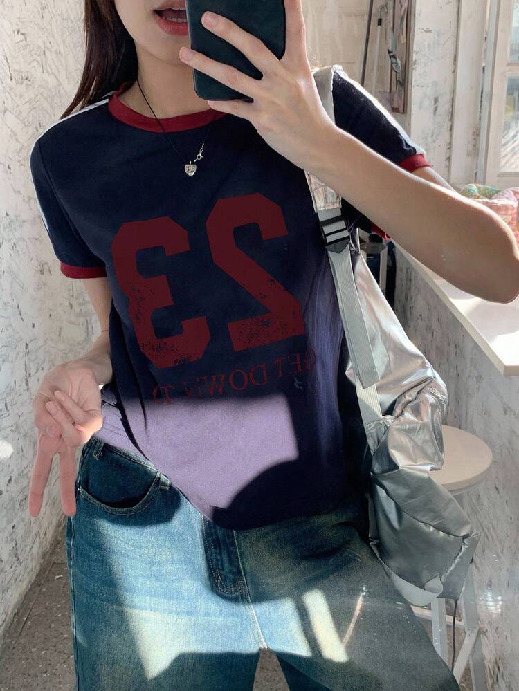 Women's Contrast Color Letter Tape Decor Fitted Casual Street Style Sporty Short Sleeve T-Shirt