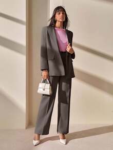 CLARA VERO Blazer With Single Button Closure And Flap Pockets, Paired With Matching High-Waist Trousers, Elegant Two Pieces Suit Set - Grey - View 5