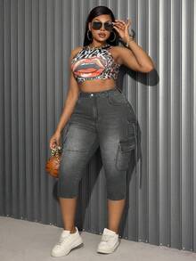 Slaydiva Plus Size Women Elastic Blue Vintage Fashion Pocket Skinny Jeans - Grey - View 4
