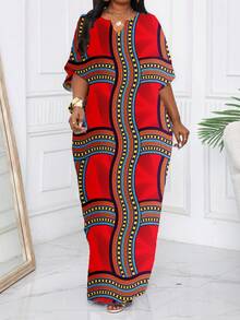 SHEIN Lady Spring And Summer Casual Elegant Boho Red Woven Notched Straight Batwing Sleeve Kaftan Dress Midi Short Sleeve Plus Size Dresses - Red - View 5