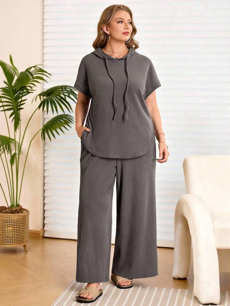 2pcs Plus Size Women's Casual Hooded Short Sleeve Gray Top T-Shirt And Wide Leg Pants Set With Pockets, Early Spring,Spring Break Outfits ,Vacation Outfits Women ,Holiday Outfits For Women,Spring Clothes Women,Going Out Outfits,2026 New Clothes,Simple And Fashionable For Everyday Wear, Plus Size Pants Set, Comfortable Two Piece Set, Lounge Sets Plus Size, Curve Plus Plus Size Co Ords, Two Piece Set Women Comfy, 2 Piece Lounge Sets Woman