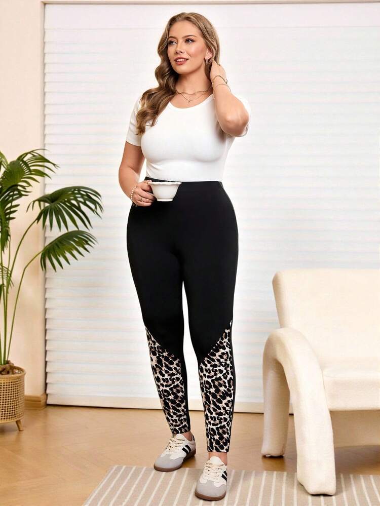 Plus Size Women's Black Leopard Print Leggings,High Stretch Animal Print Contrast Smart Casual Gym Pants,Summer Vacation Everyday Fashionable Wear