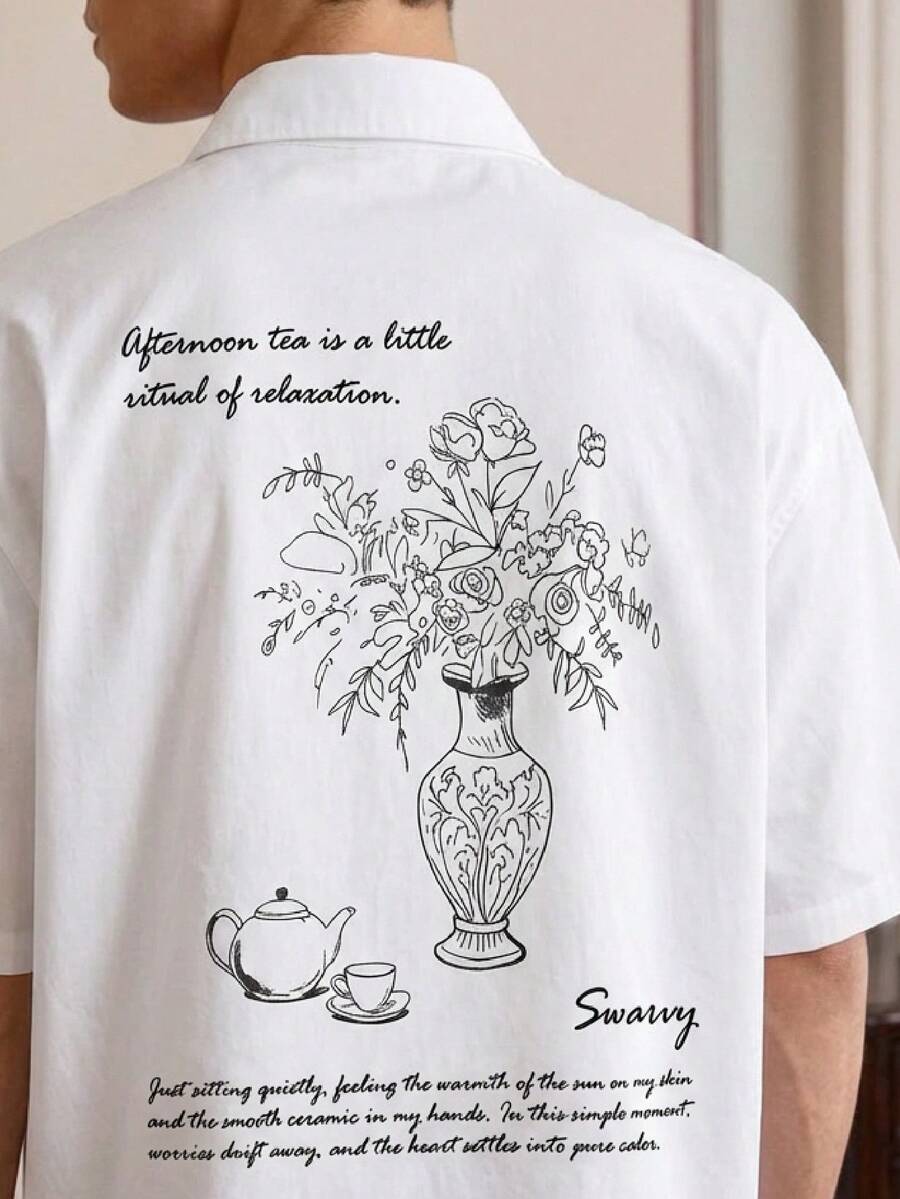 SWAVVY 男士休闲花瓶标语印花衬衫，夏季男士T恤，花卉印花T恤，男士白色图案衬衫，男士休闲衬衫 - 白色 - 查看 1