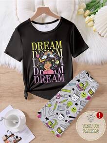2pcs/Set Girls Novelty School Supplies Graphic Print Crew Neck Stretchy Knit Tight Fit Black Top & Matching Allover Print Shorts Casual Pajama Set - Multicolor - View 1