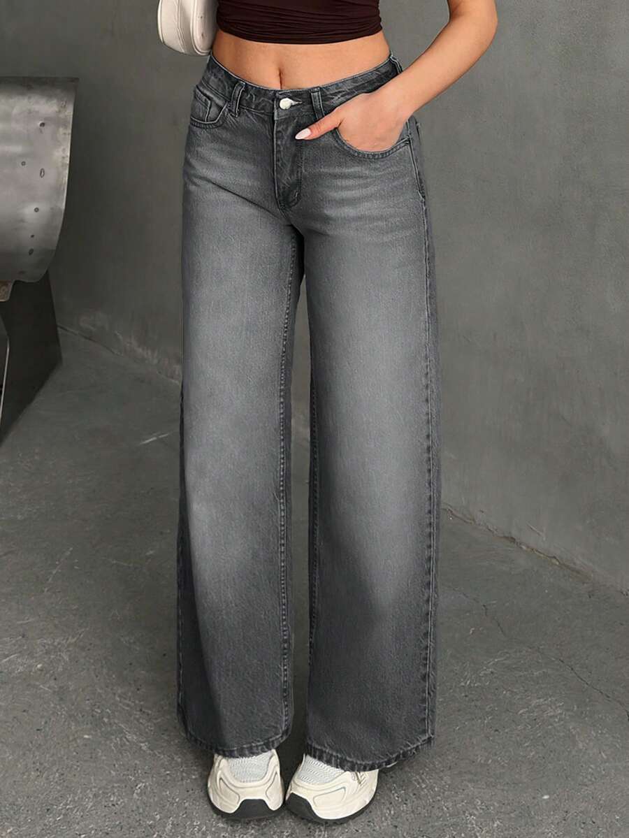 EURMUSE WOMEN WIDE LEG MID WAIST JEANS - Light Grey - View 1