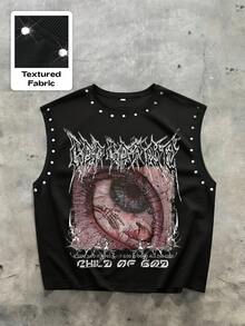 ROMWE MEN Goth 个性街头风男士圆领背心，袖口和领口饰有铜色滚边，宗教图案印花，完美契合街头服饰和音乐节场合。 - 黑色 - 查看 1