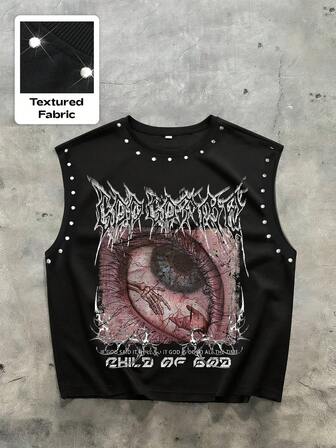 Goth Personalized Street Style Men's Round Neck Tank Top, Copper Trim On Cuffs & Collar, Religious Graphic Print, Perfect For Streetwear, Music Festivals