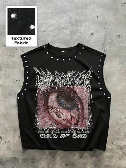 Goth Débardeur personnalisé style urbain pour hommes, col rond, avec bordure en cuivre sur les poignets et le col, imprimé graphique religieux, parfait pour le streetwear et les festivals de musique