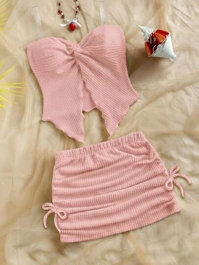 SHEIN Tween Girl Löst Casual Minimalistiskt Bekvämt Asymmetriskt Linne Och Kjol 2-delat Set