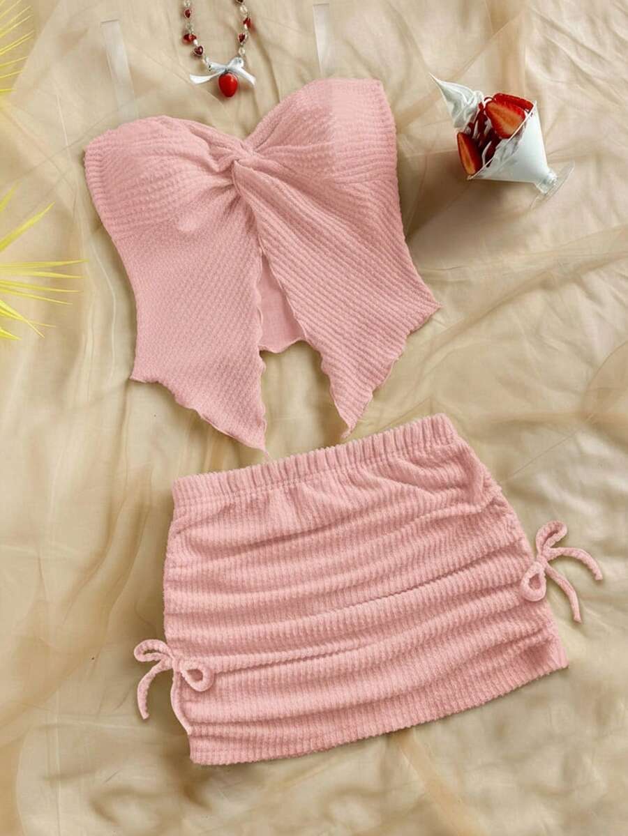 SHEIN Tween Girl Loose Casual Minimalist Comfortable Asymmetric Hem Tank Top And Skirt 2 Pieces Set - Pink - View 1