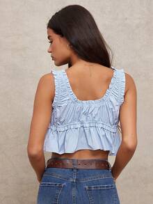 WESTFADE Round Neck Bow Tie Front Ruffle Peplum Sleeveless Striped Crop Top - Blue - View 3