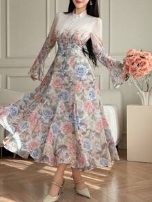 DAZY Đầm midi in hoa, viền bèo nhún, thắt eo dành cho nữ, thích hợp làm đầm dự tiệc cưới, đầm mùa hè. - Hồng - Xem 3