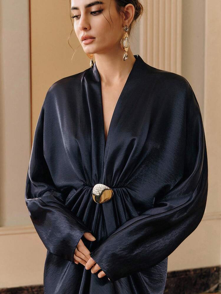 Vestido Elegante de Ajuste Solto com Decoração de Botão e Nó Torcido Longo para Mulheres